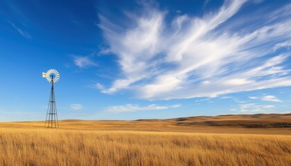 Long shadow of a windmill, across a prairie with golden grass, stretching in a summer rural light scene