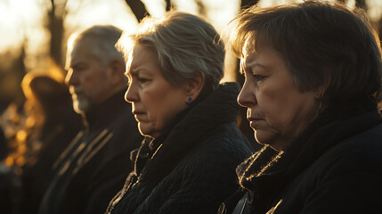 A solemn Easter remembrance ceremony in a quiet park, mourners sharing memories and reflecting, soft atmosphere, subtle lighting, natural landscape, focused on expressions of grief, detailed 