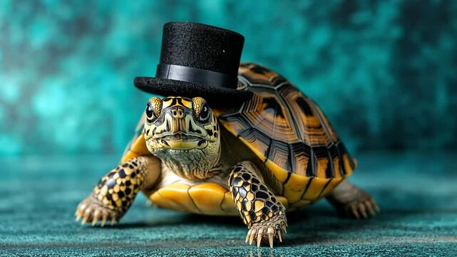Small turtle wearing a top hat. The turtle is sitting on a blue surface. The hat is black and has a white stripe