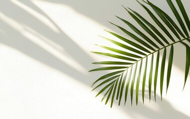 Palm leaf shadow on a wall, with sunlight and a tropical vibe, casting a summer symbol scene