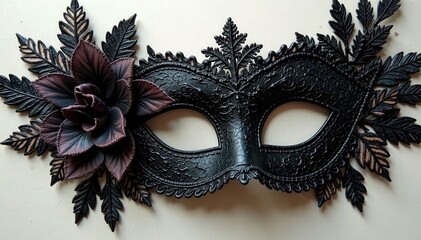 Elegant opera mask cutout, black lace detail, dramatic style , silhouette, secrecy