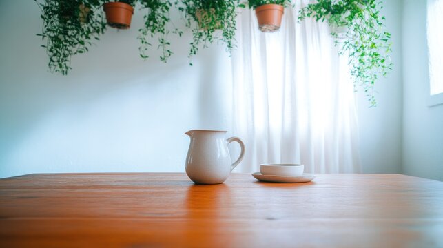 Bright and airy space featuring wooden table adorned with cerami