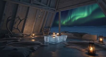 Fototapeta premium Cozy Cabin Interior with Northern Lights View and Ice Furniture