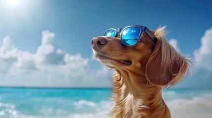 Brown dog wearing sunglasses on a sunny beach, looking towards the sun, beautiful blue ocean and sky.