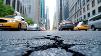 Obraz premium Low angle view of cracked asphalt road, blurred city traffic and skyscrapers in background.