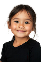 Smiling little girl with long hair wearing a black shirt, isolated on a white background. Childhood innocence and happiness concept, portrait of joy.