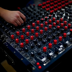 Detailed Closeup Of Hands Adjusting Red And Black Knobs On An Audio