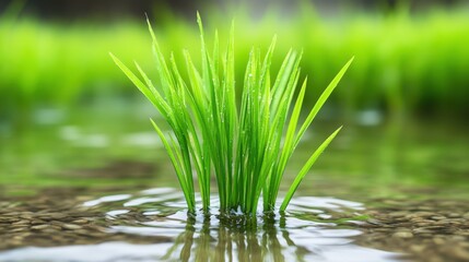 Obraz premium Vibrant green rice shoots emerging from shallow water, glistening with fresh dew drops, reflecting in the clear water surface.