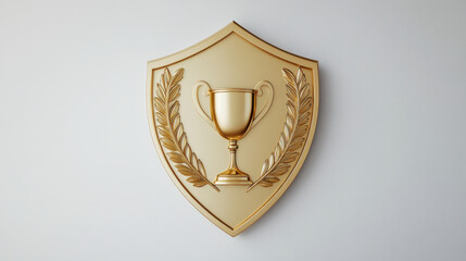 Golden shield with trophy and laurel wreath symbolizes achievement and success