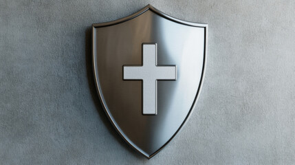 Metallic shield with cross symbol, representing protection and faith