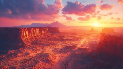 Fototapeta premium Majestic sunset over rugged desert landscape with distant mountains and vibrant skies