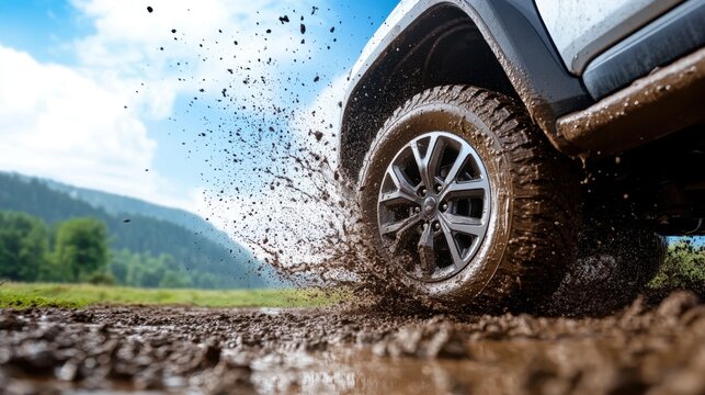 Close-up of muddy car tire splashing through mud, off-road vehicle driving on muddy terrain.