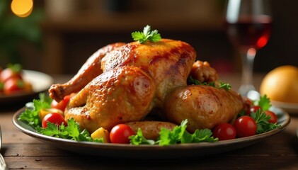Fototapeta premium Roasted turkey centerpiece, vibrant garnish, elegant table, herb, meal