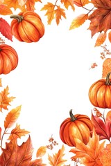 Naklejka premium A decorative border of pumpkins and leaves placed on a white background
