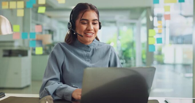 Laptop, woman and assistant with headset in office with online enquiry for client booking. Computer, audio tech and female virtual receptionist with call for appointment scheduling with company.