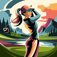 Abstract image - Artistic abstract illustration of a woman's golf swing with smooth curves, vibrant colors, light reflection on the club, and a serene landscape background.