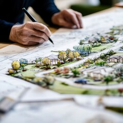 Fototapeta premium An engineer marking a construction site plan against urban landmarks.