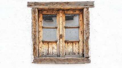 Rustic wooden window in aged white wall.