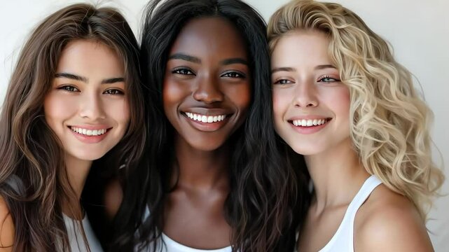 Three women with different hair colors are smiling for the camera. Scene is happy and friendly