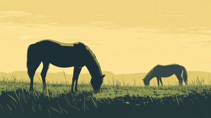 Horses grazing in a golden field