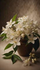 Elegant White Jasmine Blooms in Rustic Vase: Fresh Floral