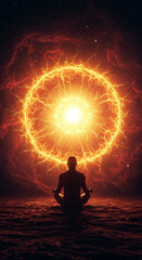 Young in man yoga meditation with lights of Chakras, shiny mystic galaxy background with glowing stars, the deep cosmic night space 4k mobile wallpaper