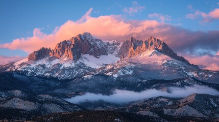 Obraz premium Majestic snow-capped mountain peak at sunset, clouds illuminate the peaks with warm light.