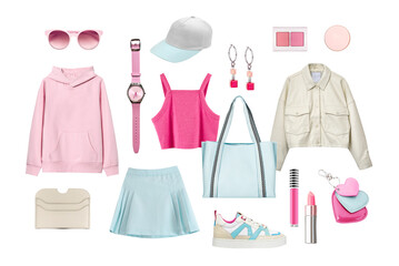 Spring summer fashion clothing collage, women's clothes outfit isolated on white, trendy look, pink...