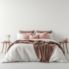 Modern bedroom with soft blush pink bedding
