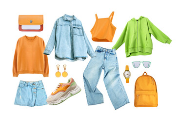Trendy young style girl's outfit, spring summer sport clothing collection set.Women's clothes collage isolated on white.Denim garment,nobody objects.