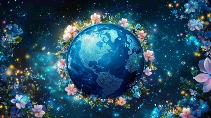 Earth Encircled by Blooming Flowers in Space