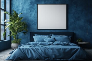 Blue bedroom with large frame above bed. Perfect for interior design, home decor, and real estate websites.