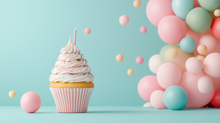 Colorful cupcake with sprinkles and balloons background