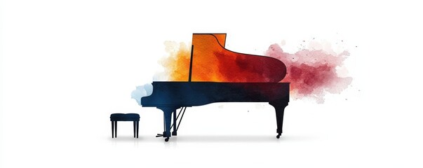 A vibrant painting of a grand piano with colorful splashes, ideal for music and art themes.