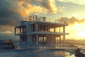 A beautiful house is being built on a hill at sunset