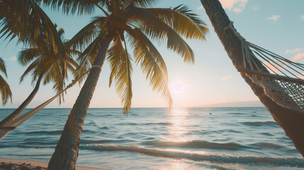 Naklejka premium Tropical beach with palm trees and a hammock between the palm trees. Vacation on the island, summer vacation. 