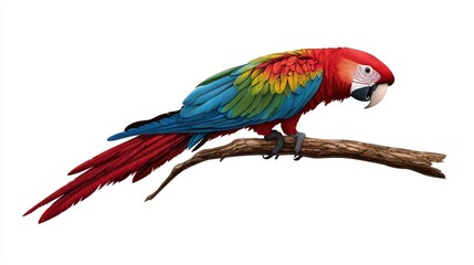 Obraz premium A vibrant parrot perched on a branch, showcasing its colorful plumage in shades of red, blue, and green against a white background.