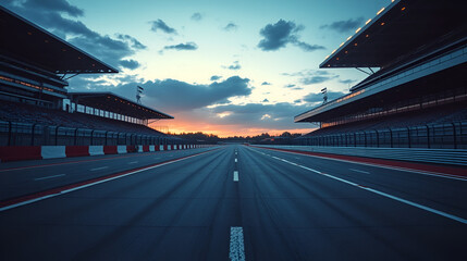 Obraz premium ultra realistic photo of empty race track with grandstand in the background, cinematic, dusk