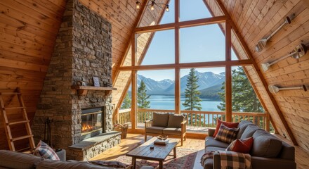 Cozy Cabin Living Room with Stone Fireplace and Stunning Lake View