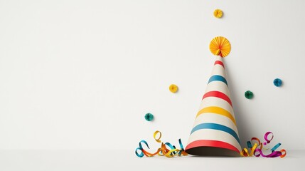 A vibrant party hat with colorful streamers and confetti, perfect for celebrating joyful occasions and festive gatherings.