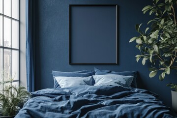 Moody blue bedroom with empty frame above bed. Perfect for interior design, home decor, or minimalist concepts.