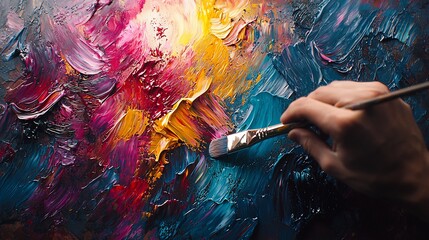 Vibrant Abstract Painting in Progress, Close-Up of Brush Strokes on Colorful Canvas