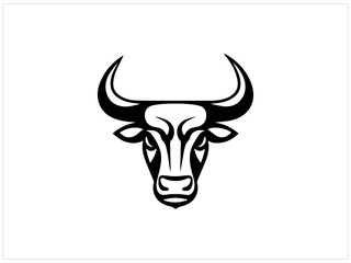 Fototapeta premium Long horn OX logo design , vector , illustration and isolate template .A powerful, stylized graphic of a bull's head, featuring a tribal-inspired design with intricate, bold lines.