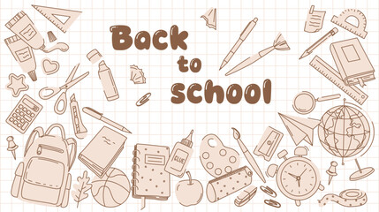 Back to School text and doodle design elements set. Collection of school stationery, equipment for study, items, supplies for learning, books, backpack, ruler, pencil. Line vector image 