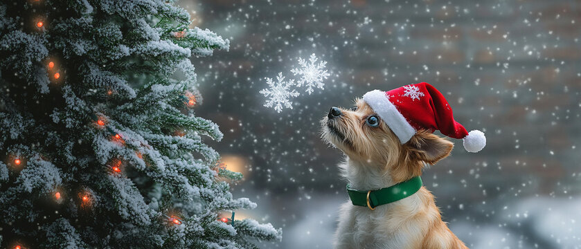 Adorable Lowchen Dog Wearing a Bright Red Christmas Hat Surrounded by Festive Green Decorations Perfect for Holiday Cheer and Seasonal Celebrations in a Cozy Home Setting