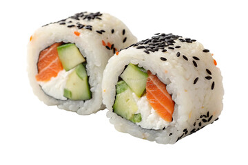 salmon and cucumber sushi rolls isolated on white background png .