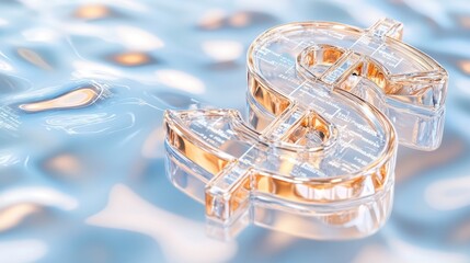 Crystal Dollar Symbol Reflects Light On Water Waves.