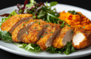 Gourmet Plated Dish: Crispy Breaded Chicken Leg with Pumpkin Pur&eacute;e, Roasted Carrots & Beets
