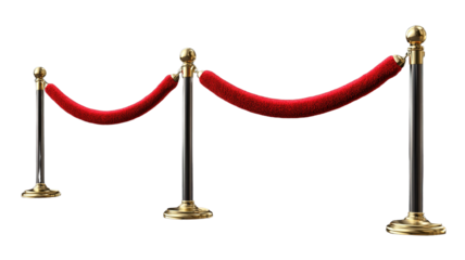 "A set of elegant stanchions with red velvet ropes, isolated on transparent background, ideal for event or VIP area designs.
