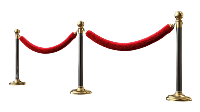 "A set of elegant stanchions with red velvet ropes, isolated on transparent background, ideal for event or VIP area designs.